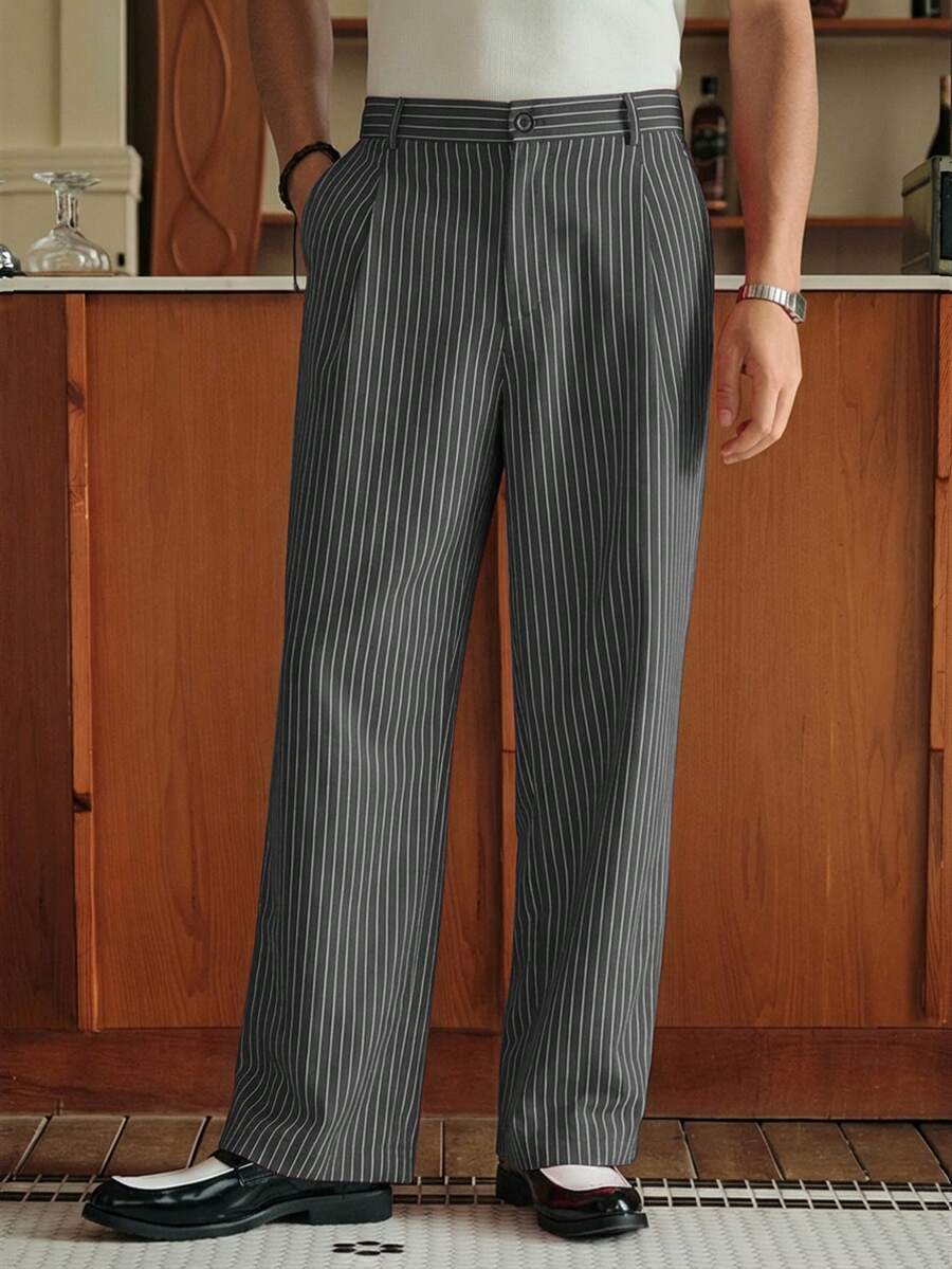 Men's Striped Print Fold Pleated Business Casual Dress Pants