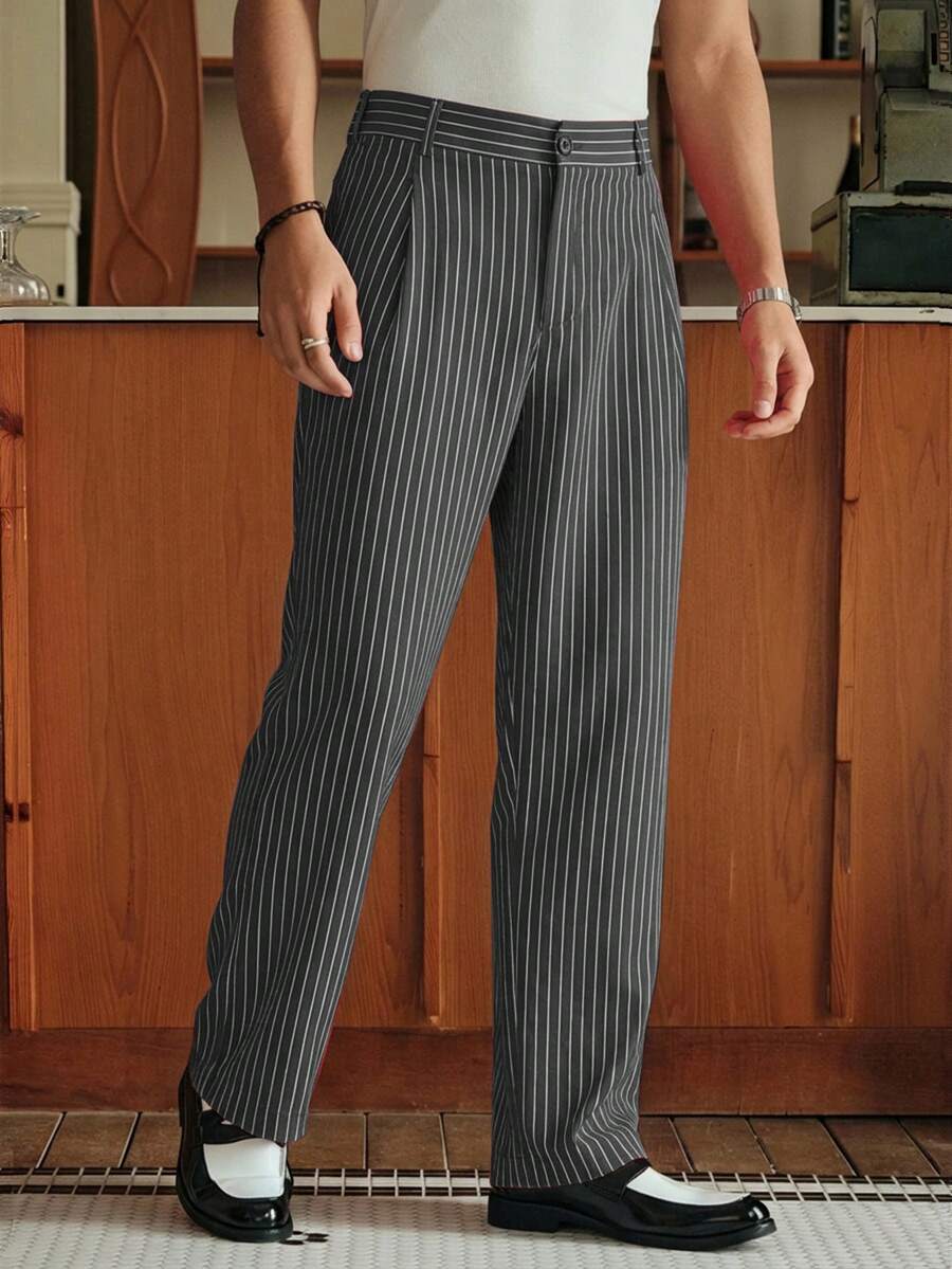 Men's Striped Print Fold Pleated Business Casual Dress Pants