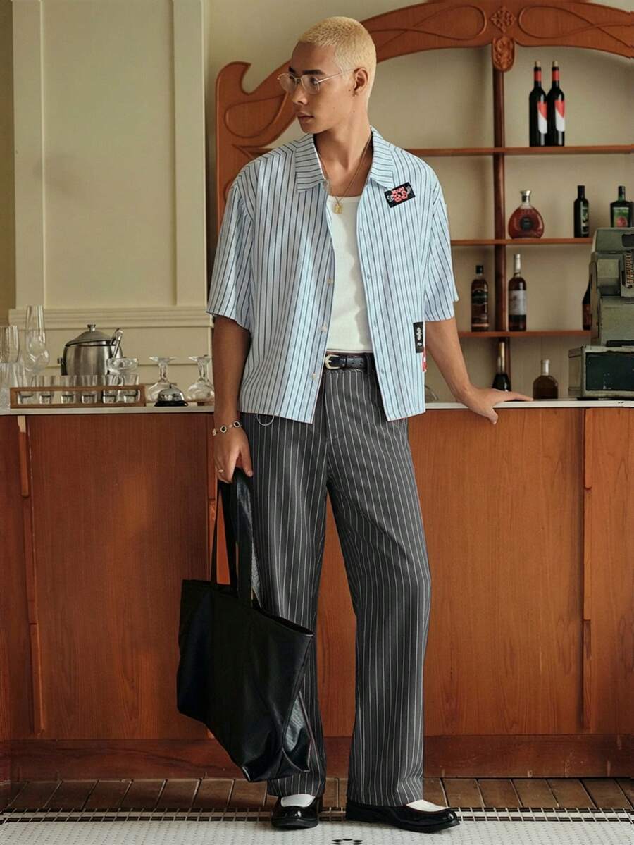Men's Striped Print Fold Pleated Business Casual Dress Pants