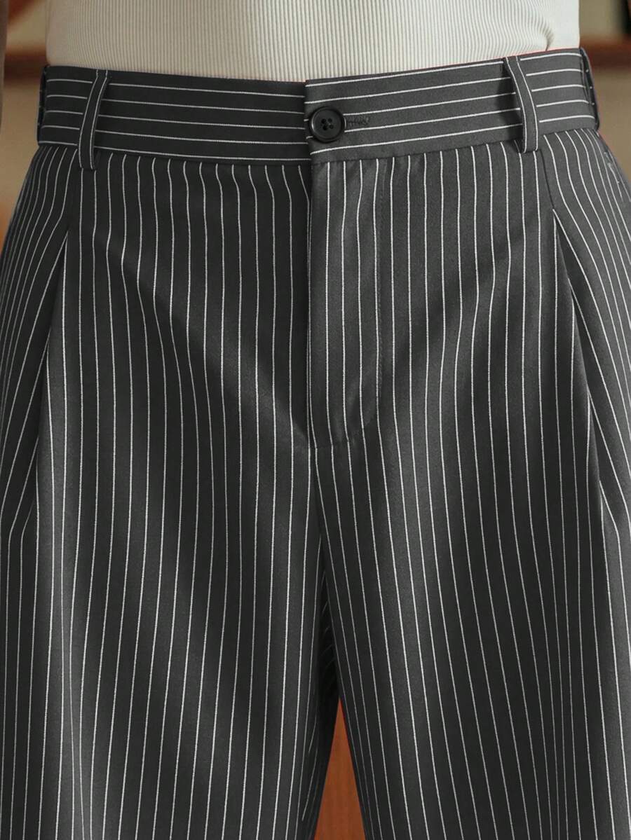 Men's Striped Print Fold Pleated Business Casual Dress Pants