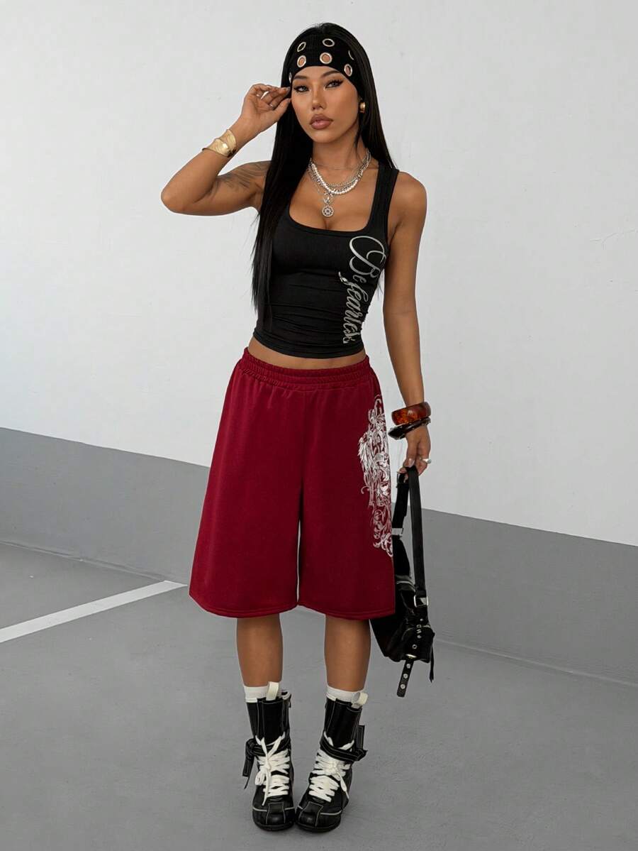 Women's Loose Fit Punk Print Capri Pants