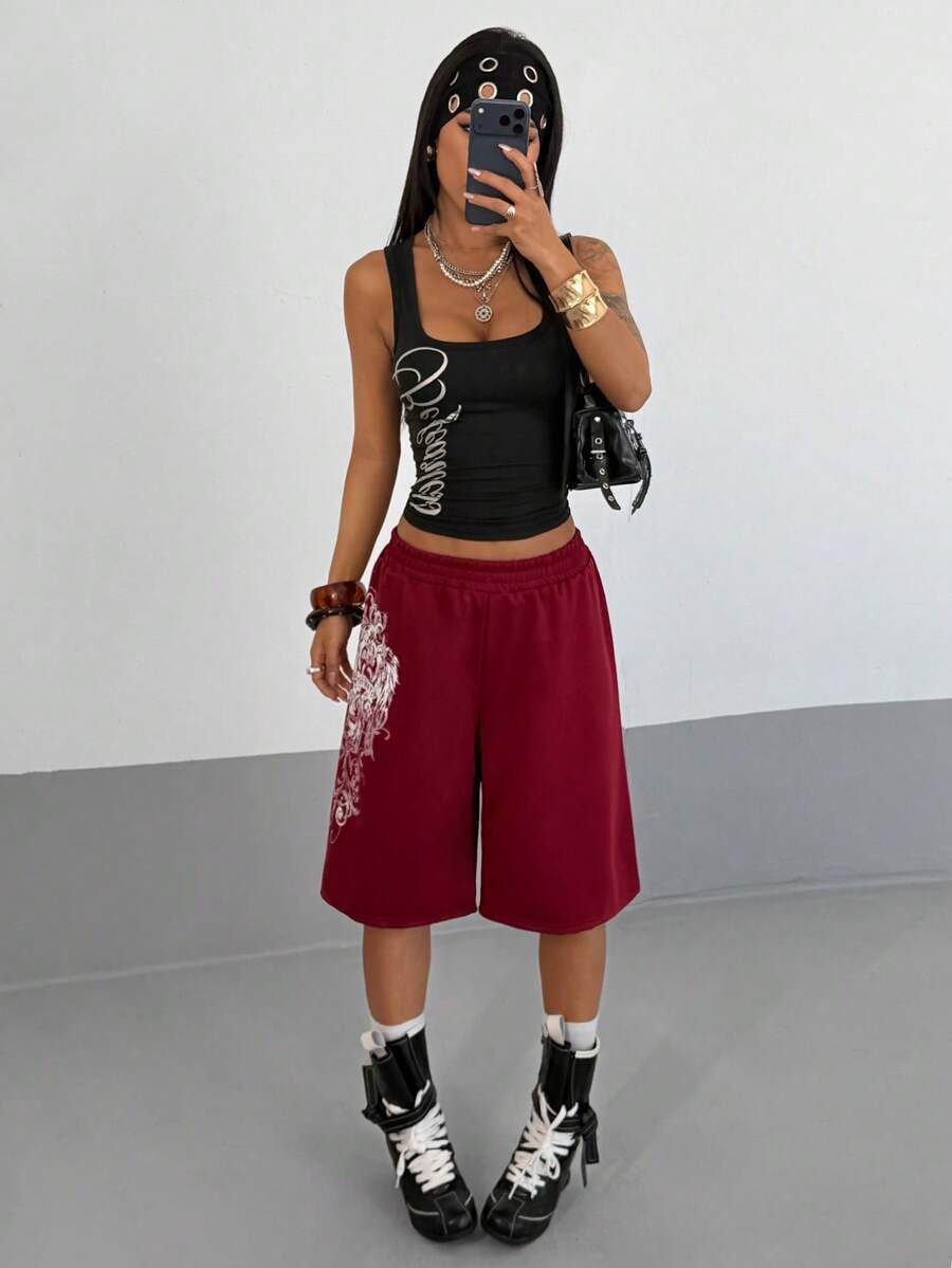 Women's Loose Fit Punk Print Capri Pants