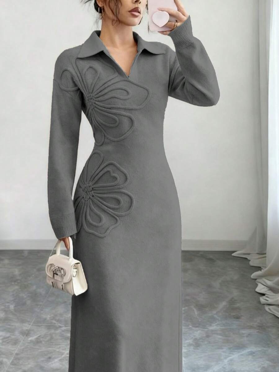 Women's Floral Print Long Sleeve Knitted Sweater Dress