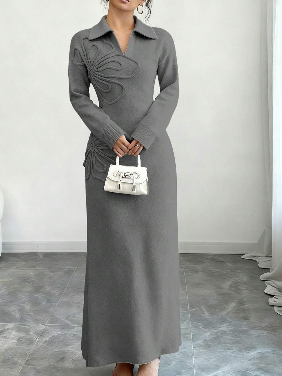 Women's Floral Print Long Sleeve Knitted Sweater Dress