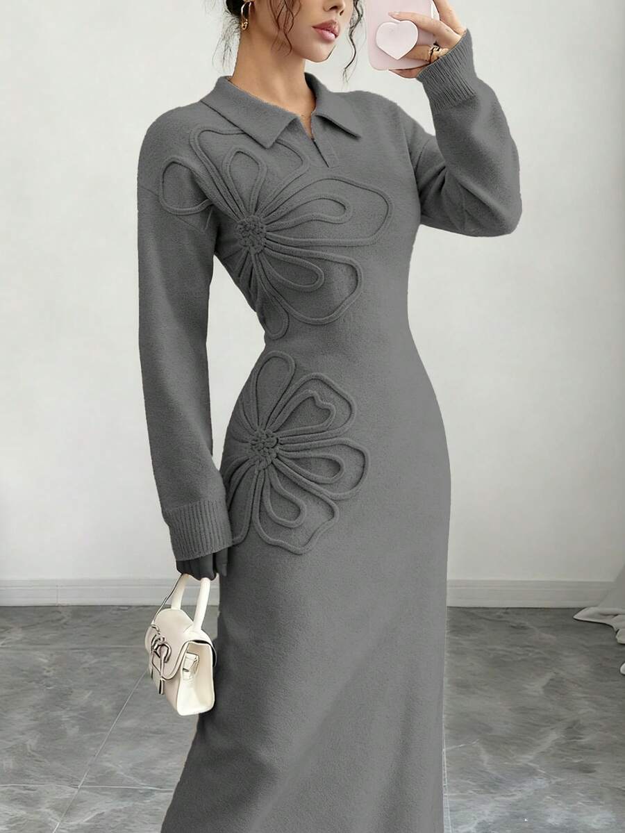 Women's Floral Print Long Sleeve Knitted Sweater Dress