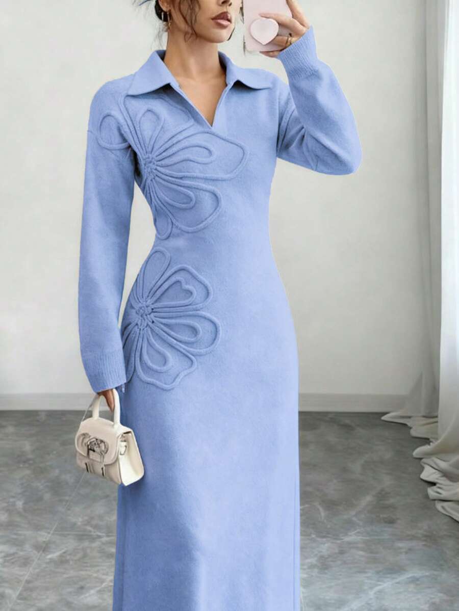 Women's Floral Print Long Sleeve Knitted Sweater Dress