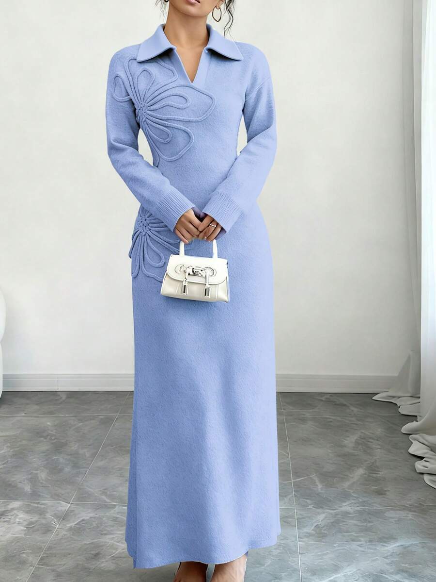 Women's Floral Print Long Sleeve Knitted Sweater Dress