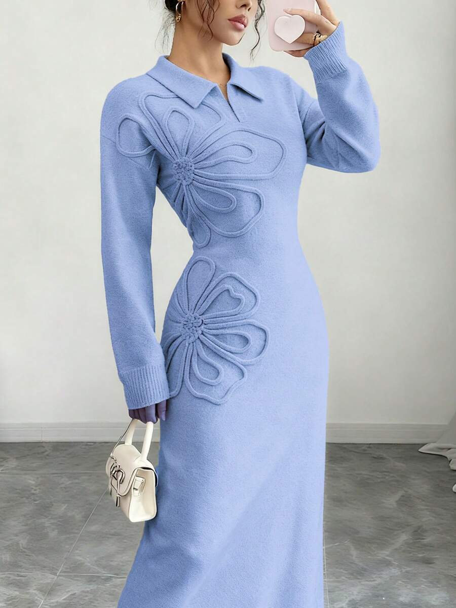 Women's Floral Print Long Sleeve Knitted Sweater Dress