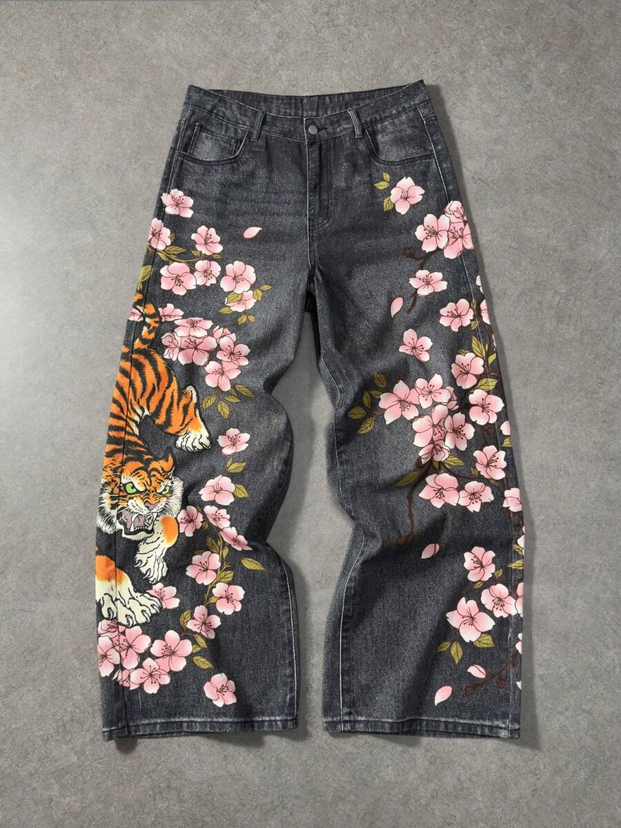 Floral Tiger Print Wide Leg Jeans