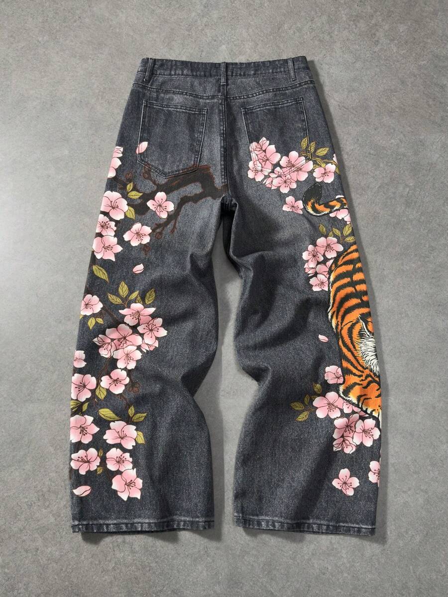 Floral Tiger Print Wide Leg Jeans