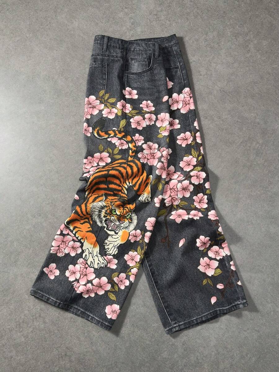 Floral Tiger Print Wide Leg Jeans