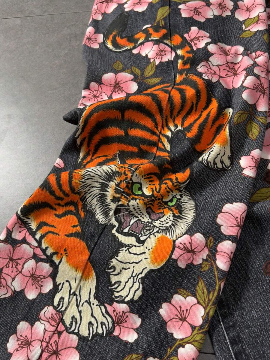 Floral Tiger Print Wide Leg Jeans