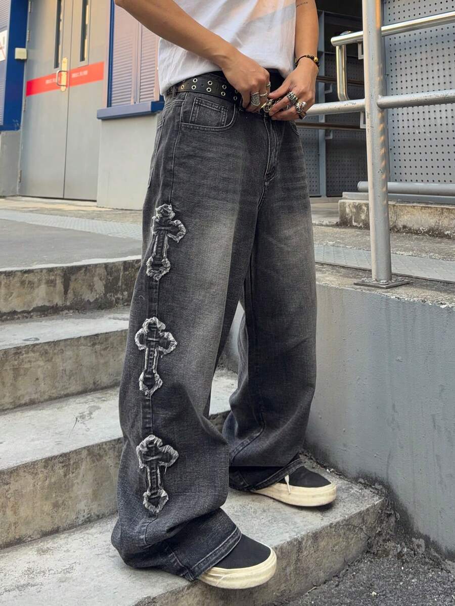 Men's Cross Embroidered Denim Jeans