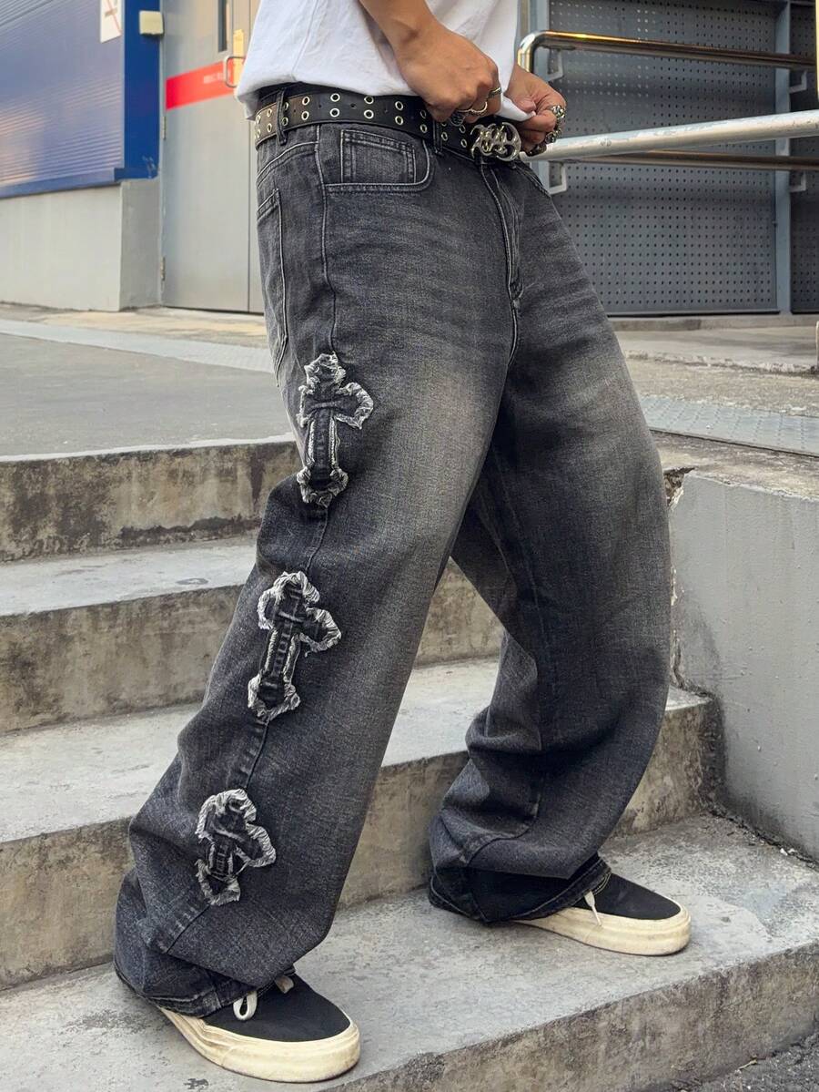 Men's Cross Embroidered Denim Jeans