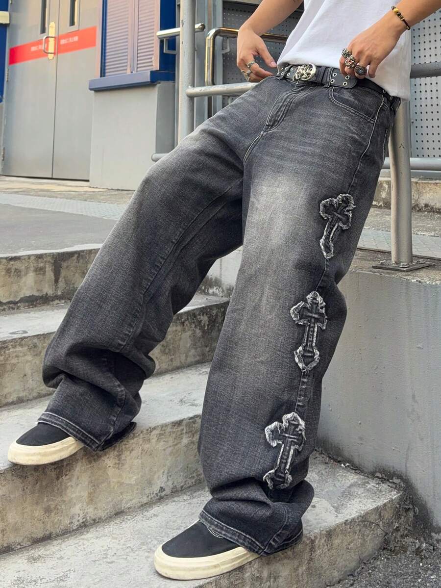 Men's Cross Embroidered Denim Jeans