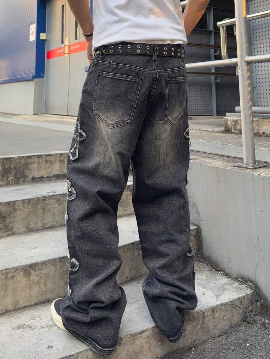 Men's Cross Embroidered Denim Jeans