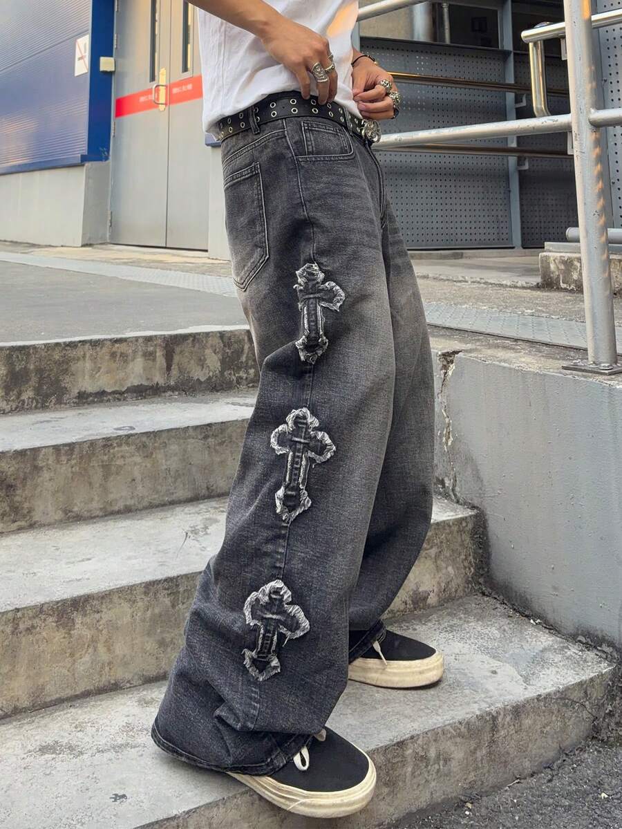 Men's Cross Embroidered Denim Jeans