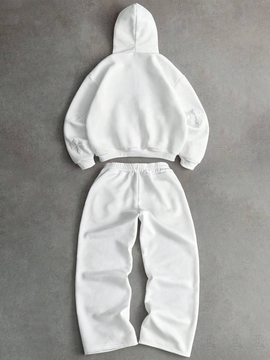 Cross Print Embroidered Hoodie Sweatshirt Set