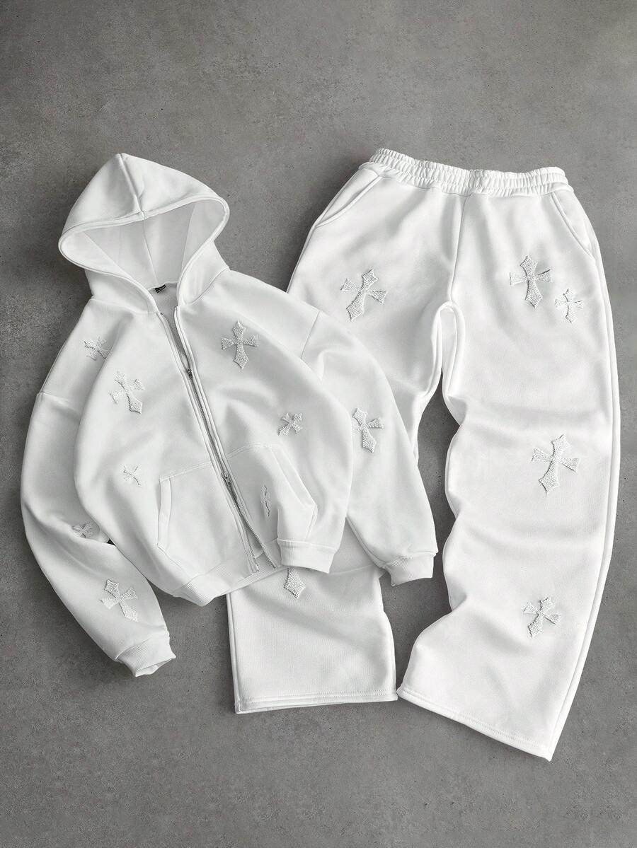 Cross Print Embroidered Hoodie Sweatshirt Set