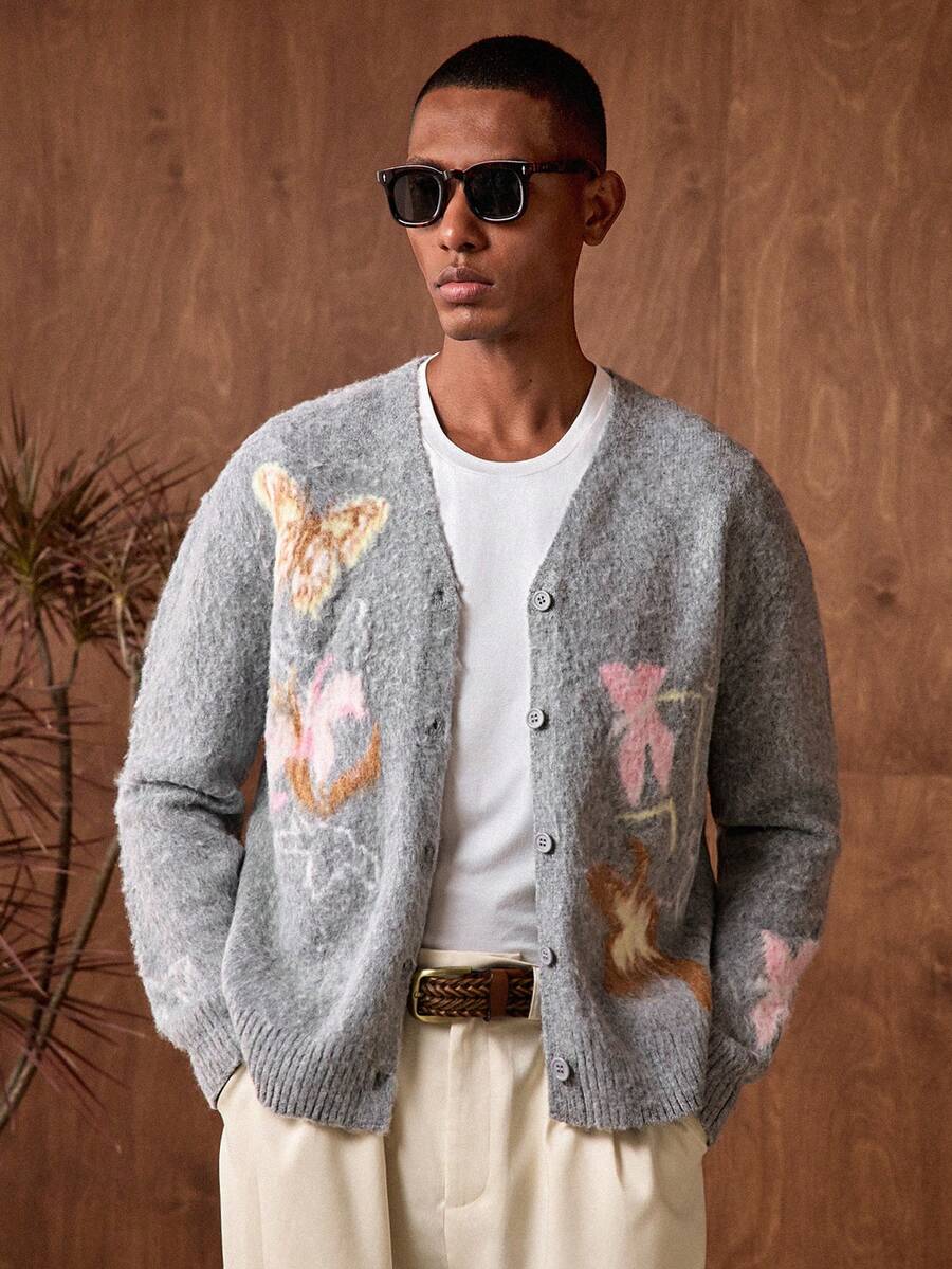 Business Casual Men's Casual Butterfly Jacquard Drop Shoulder Long Sleeve Knitted Cardigan