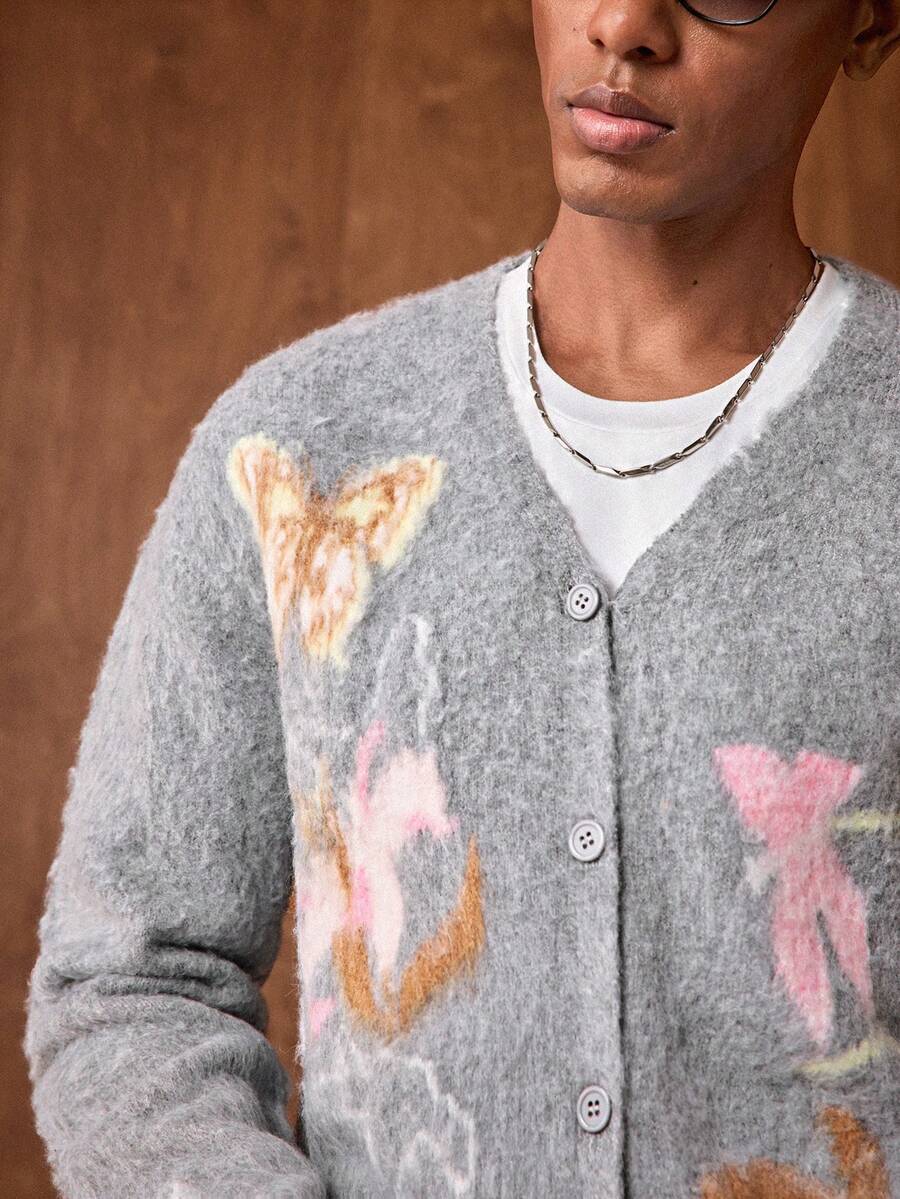 Business Casual Men's Casual Butterfly Jacquard Drop Shoulder Long Sleeve Knitted Cardigan