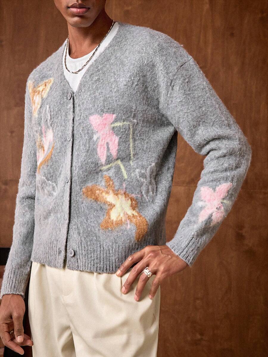 Business Casual Men's Casual Butterfly Jacquard Drop Shoulder Long Sleeve Knitted Cardigan