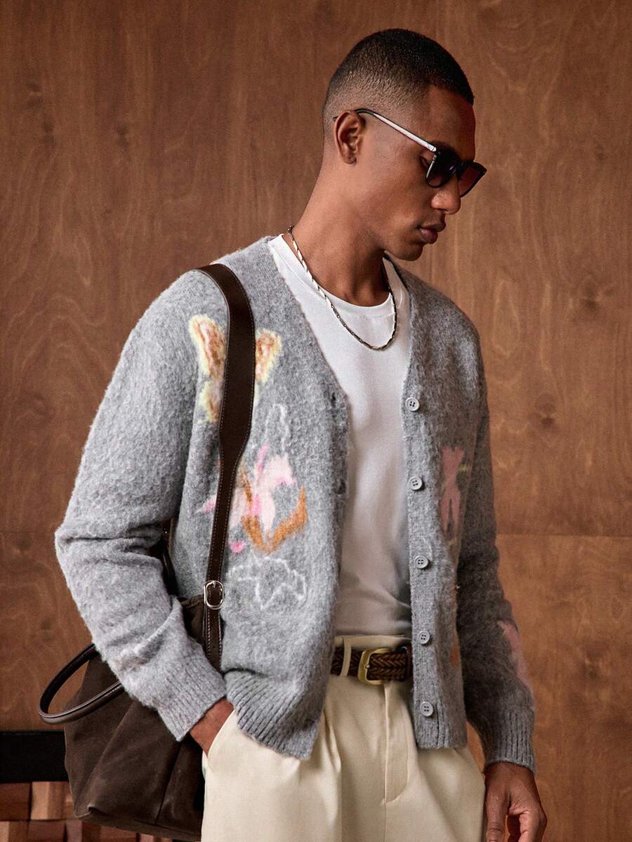 Business Casual Men's Casual Butterfly Jacquard Drop Shoulder Long Sleeve Knitted Cardigan