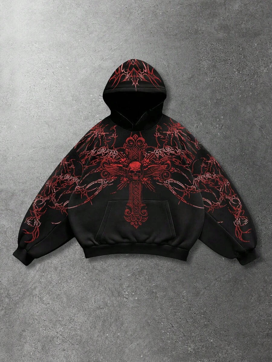 Men's Skull Cross Print Pocket Hoodie