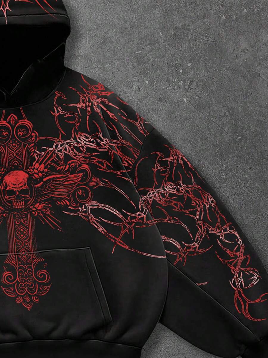 Men's Skull Cross Print Pocket Hoodie