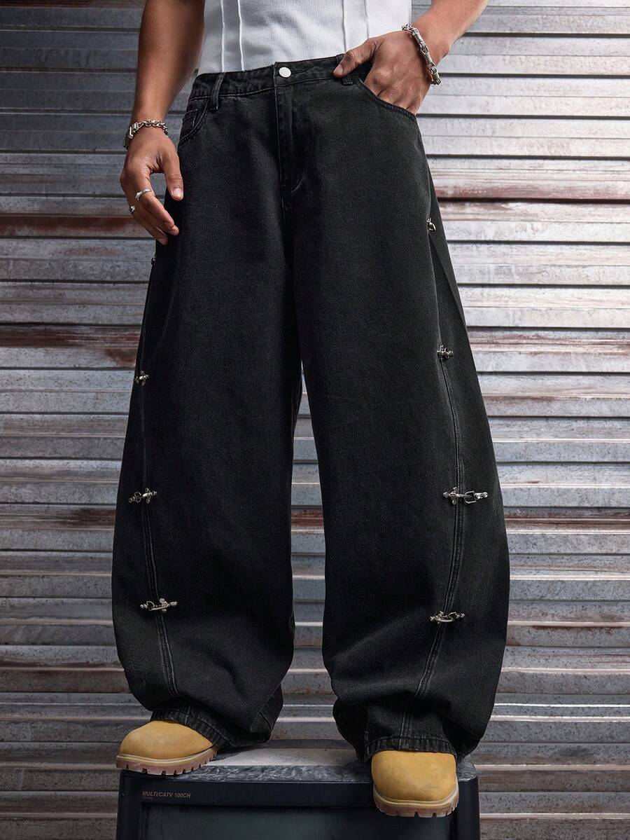 Fashionable Straight Loose Fit Patchwork Frayed Hem Men's Baggy Denim Jeans, Streetwear Style