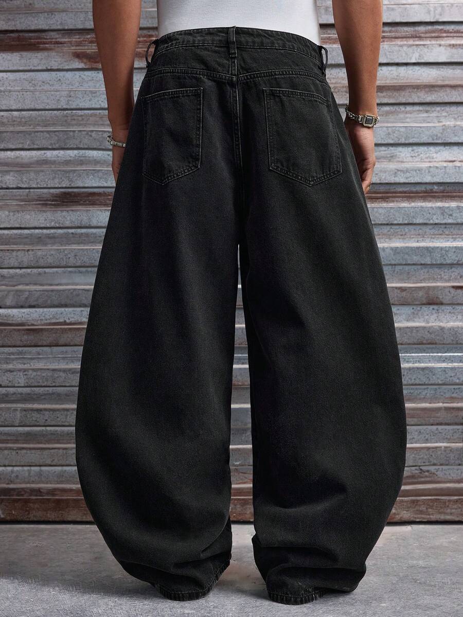 Fashionable Straight Loose Fit Patchwork Frayed Hem Men's Baggy Denim Jeans, Streetwear Style