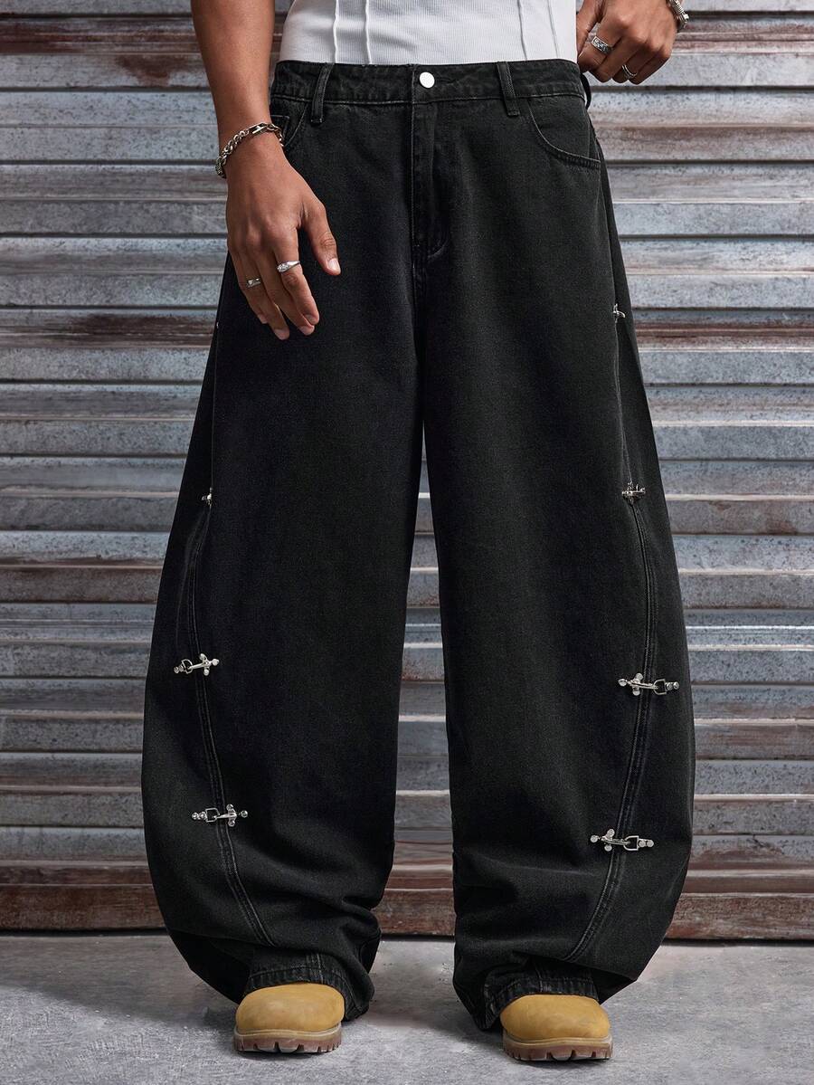 Fashionable Straight Loose Fit Patchwork Frayed Hem Men's Baggy Denim Jeans, Streetwear Style