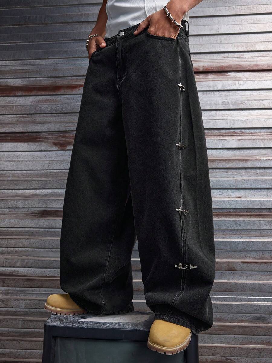 Fashionable Straight Loose Fit Patchwork Frayed Hem Men's Baggy Denim Jeans, Streetwear Style