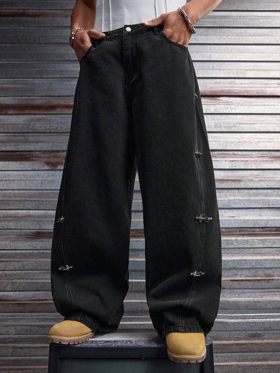Fashionable Straight Loose Fit Patchwork Frayed Hem Men's Baggy Denim Jeans, Streetwear Style