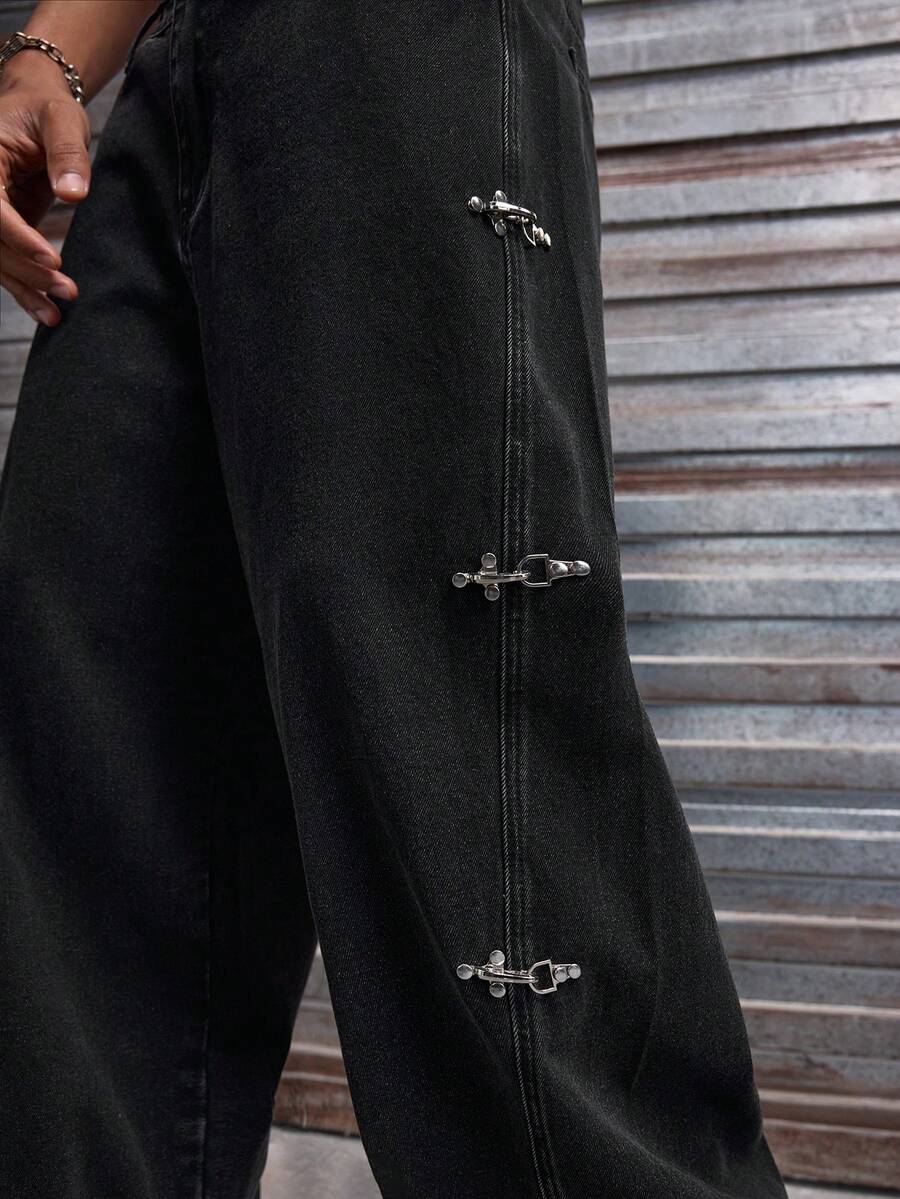 Fashionable Straight Loose Fit Patchwork Frayed Hem Men's Baggy Denim Jeans, Streetwear Style