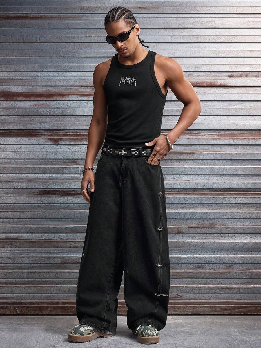 Fashionable Straight Loose Fit Patchwork Frayed Hem Men's Baggy Denim Jeans, Streetwear Style