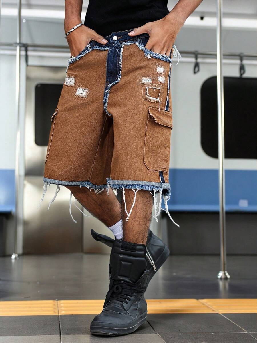 Men's Contrast Color Fringe Casual Denim Shorts