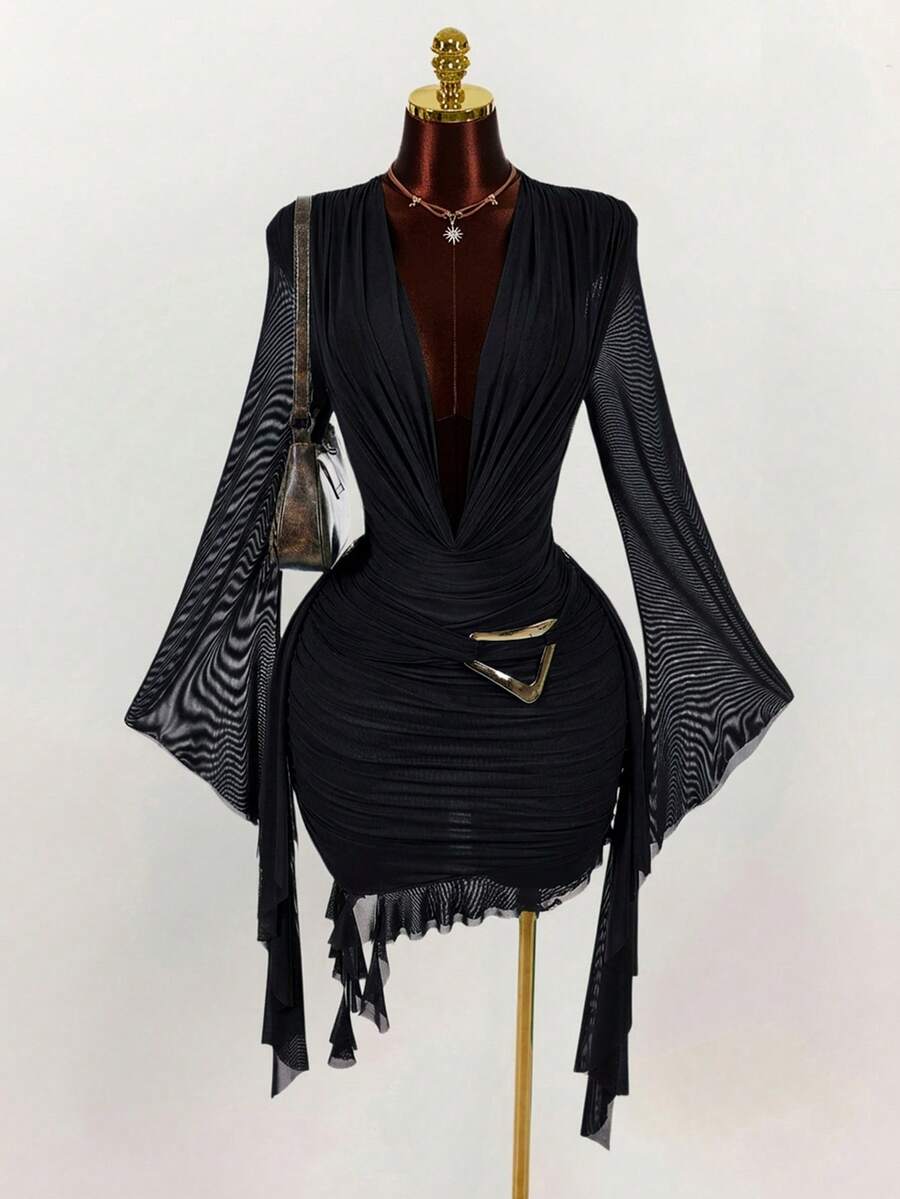Ruffle Halter Neck Mesh Mini Dress