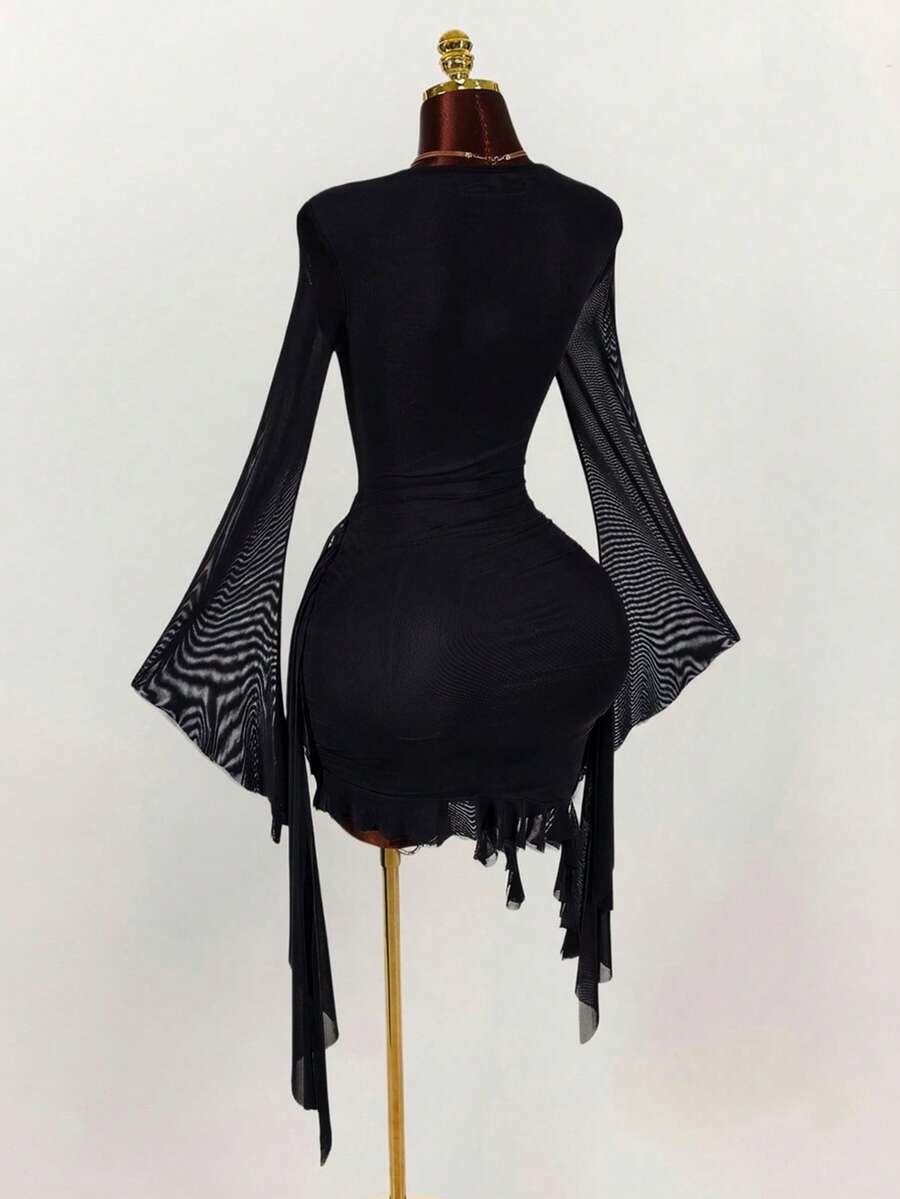 Ruffle Halter Neck Mesh Mini Dress