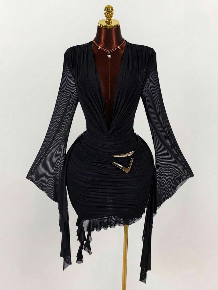 Ruffle Halter Neck Mesh Mini Dress