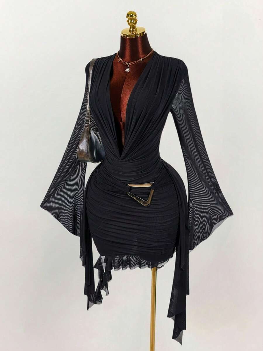 Ruffle Halter Neck Mesh Mini Dress
