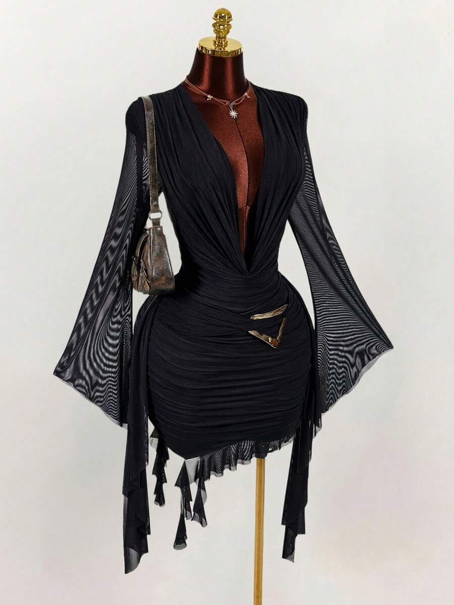 Ruffle Halter Neck Mesh Mini Dress