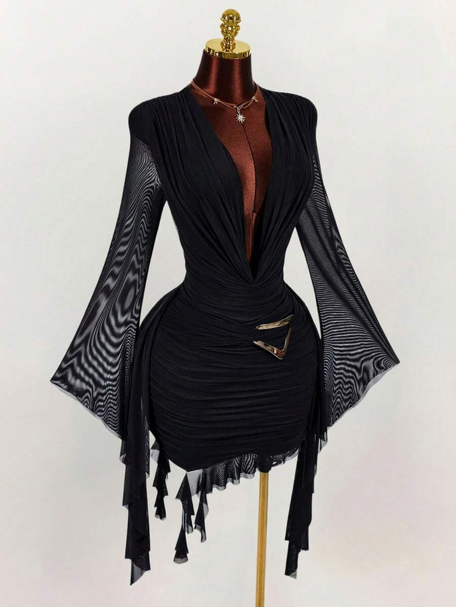 Ruffle Halter Neck Mesh Mini Dress