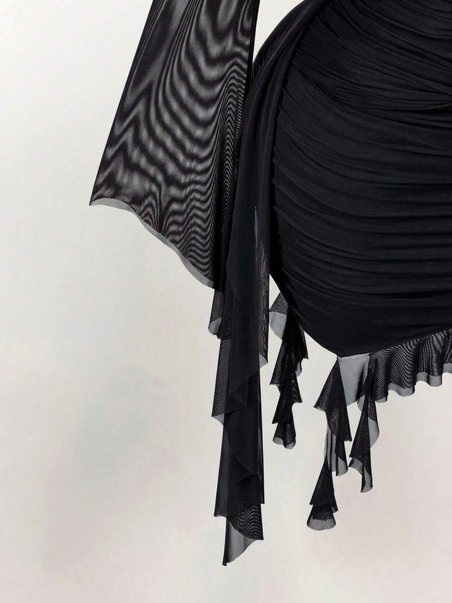 Ruffle Halter Neck Mesh Mini Dress