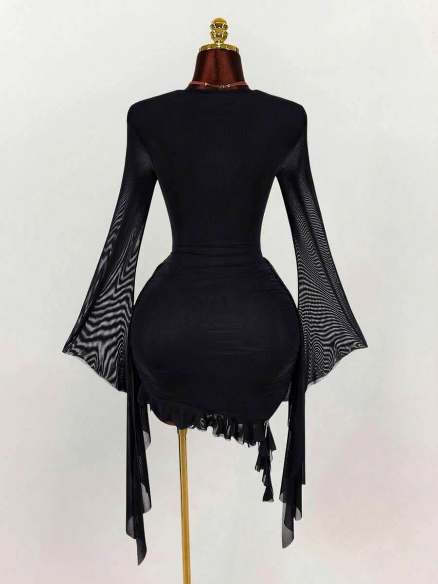 Ruffle Halter Neck Mesh Mini Dress