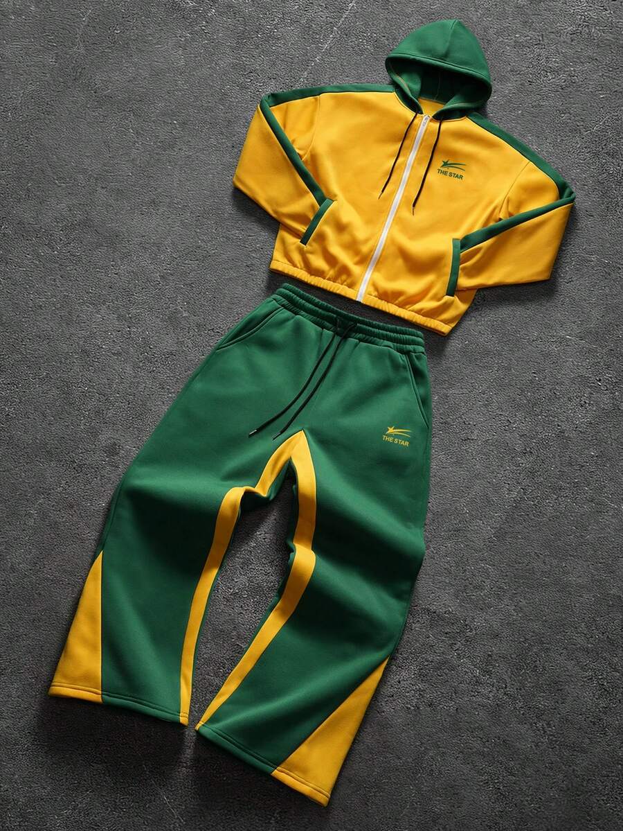 Contrast Color Zip-Up Hoodie Sweatpants Set