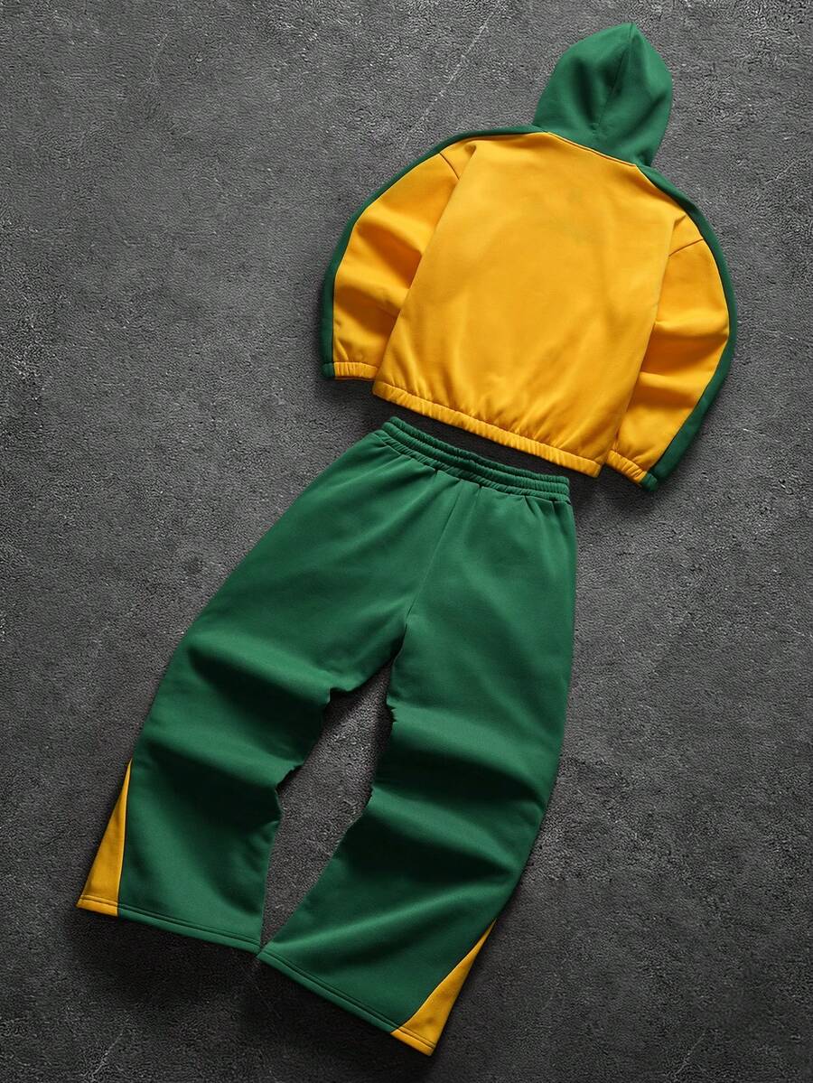 Contrast Color Zip-Up Hoodie Sweatpants Set