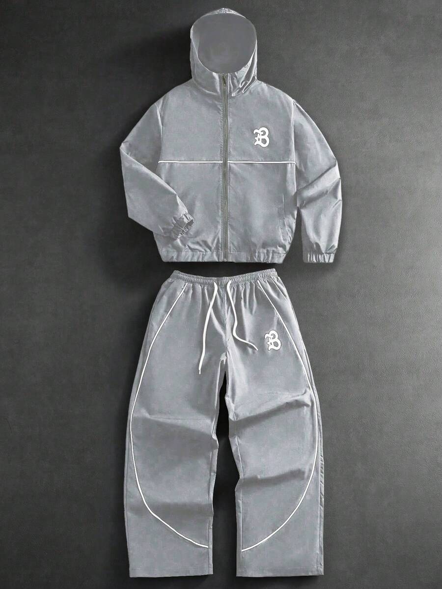 Men's Letter Print Hooded Zip-Up Jacket And Contrast Trim Pants 2Piece Set