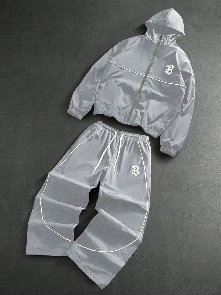 Men's Letter Print Hooded Zip-Up Jacket And Contrast Trim Pants 2Piece Set