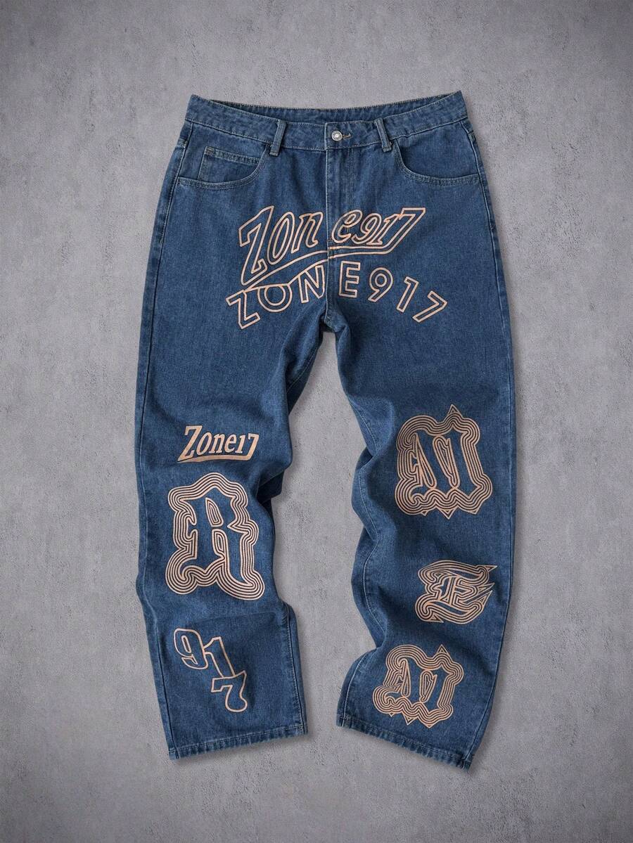 Unisex Casual Jeans With Letter & Graphic Print, American Style